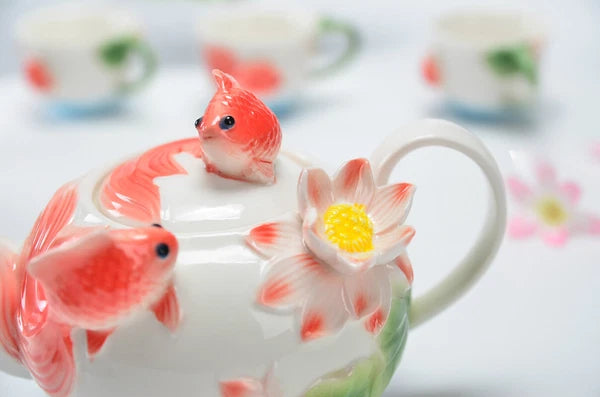 Enamel Coffee Tea Pot Relievo Lotus Porcelain Kettle Ceramic Chinese