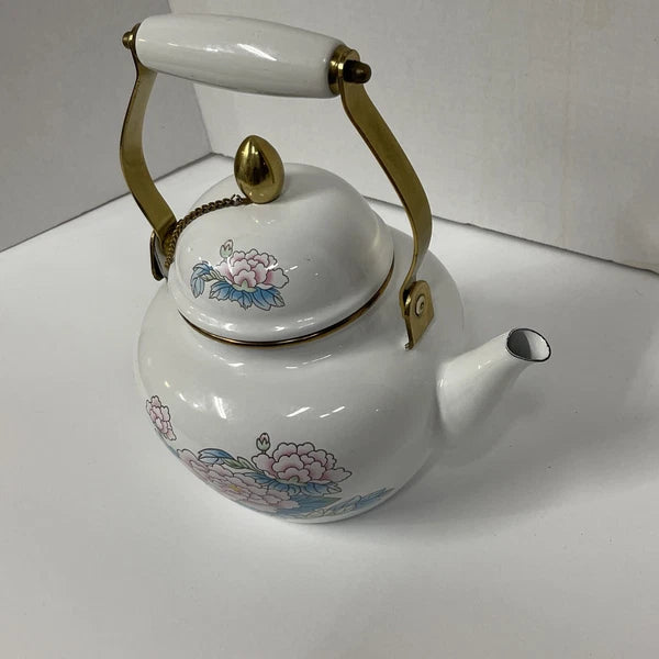 Vintage Tea Kettle Pot Enamel Porcelain Poppies National Housewares 1988 Brass