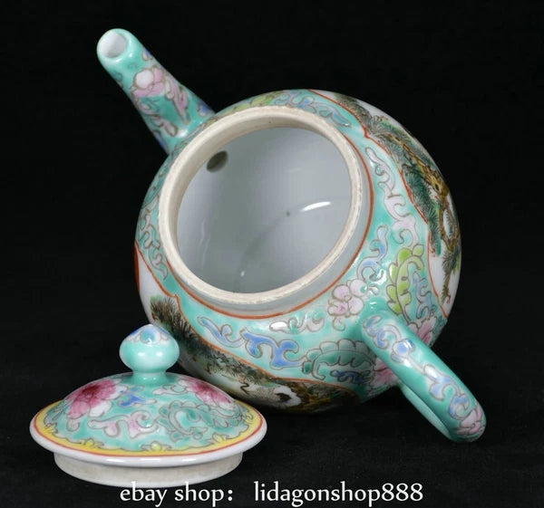 6.8" Jiagqing Marked Enamel Porcelain Pine Tree Crane Flower Pattern Wine Teapot