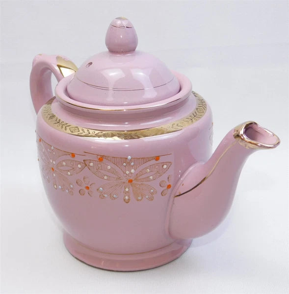 Vtg Pink Gold Glazed REDWARE Teapot Butterfly Enamel Moriage Hand Painted 7"