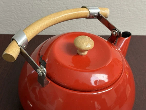 Vintage Mid Century Scandinavian Danish Red Enamel Tea Kettle Teapot Wood Handle