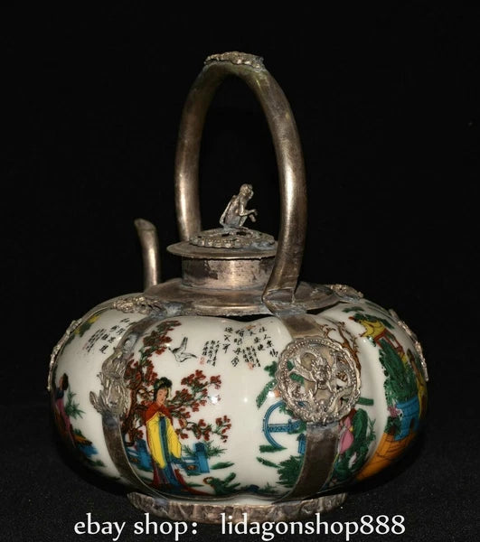 6.8" Old Chinese Silver Enamel Porcelain Beauty Belle Portable Kettle Teapot