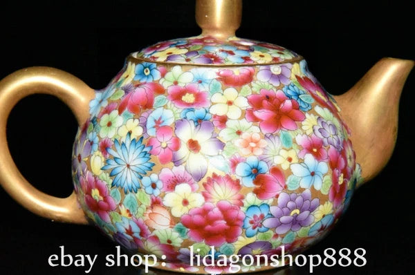 5.2" Qianlong Marked Enamel Porcelain Gilt Flower Pattern Wine Tea Pot