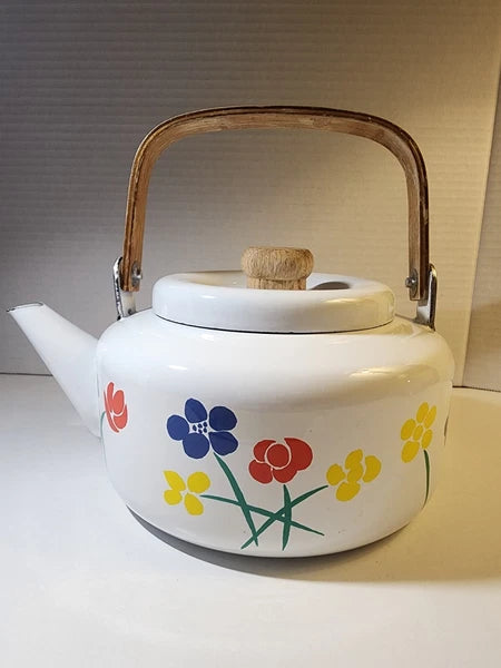 Vintage Saltera Himark Enamel RARE Teapot MCM Red Yellow Floral With Wood Handle