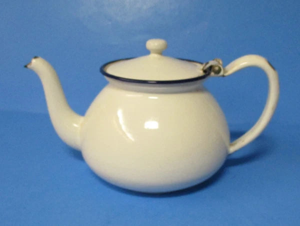 graniteware enamel ware Boston style teapot white w/ dark blue USED vintage rj