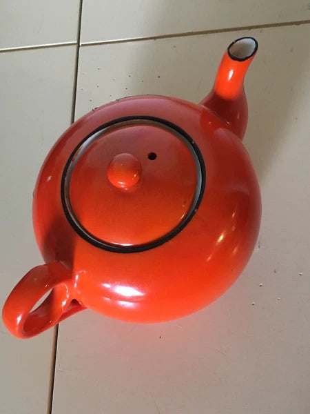 Vintage Bright Orange Enamel Floral Porcelain Japan Tea Pot Hand Painted