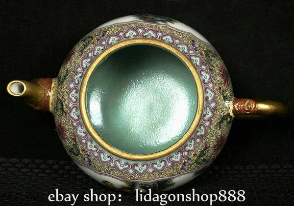 6.8"Qianlong Marked Enamel Porcelain Gilt Flower Human Child Pattern Wine Teapot