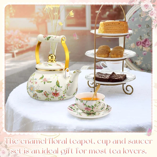 2.6 Quart Vintage Enamel Tea Kettle, Cups and Saucers Set with Spoon, Vintage...