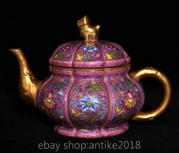 7.2 " Qianlong Marked China Colour Enamel Porcelain Gilt Dynasty Flower Teapot