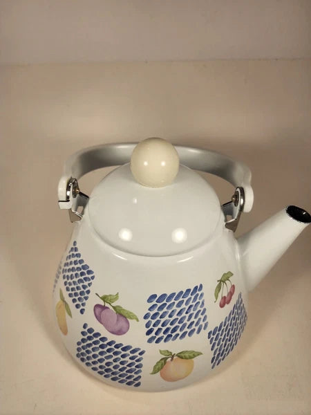 White Enamel Teapot Fruit Pear Cherries Plum Peach Blue 2 Qt Decorative Tea Pot