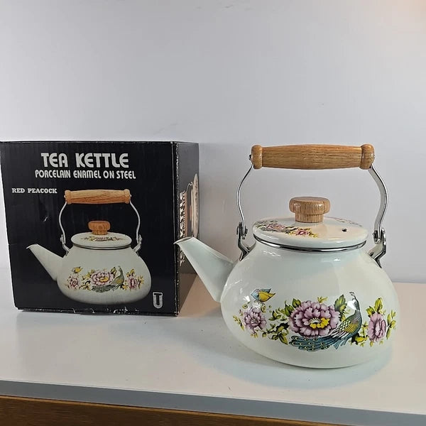 Vtg Tea Kettle Porcelain Enamel On Steal Red Peacock Wood Handle Taiwan W/ Box