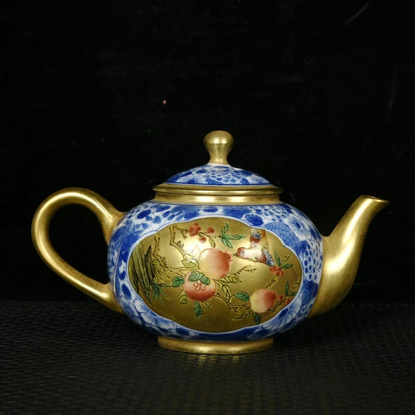 5.5" Antique dynasty Porcelain qianlong mark colour enamels flowers bird Teapot