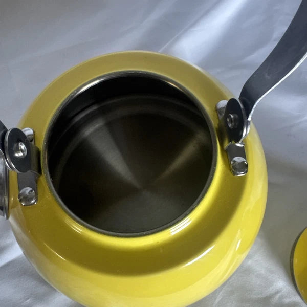 VTG Yellow Enamel w/ Wood & Chrome Detail Tea Kettle with handmade handle cozy