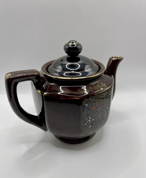 Vintage Brown Betty Redware Teapot Moriage Enamel Hand Painted Japan GUC MCM