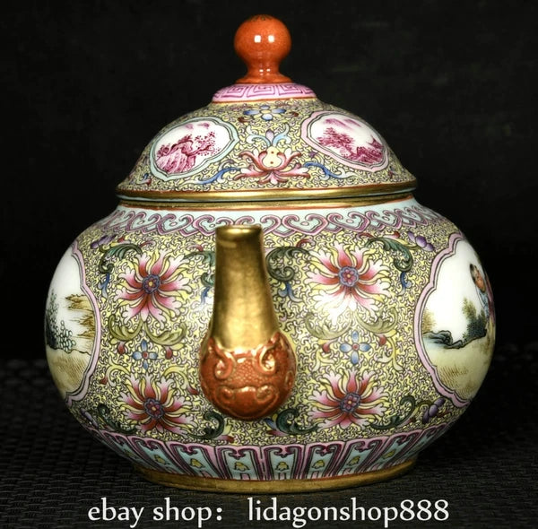 6.8"Qianlong Marked Enamel Porcelain Gilt Flower Human Child Pattern Wine Teapot