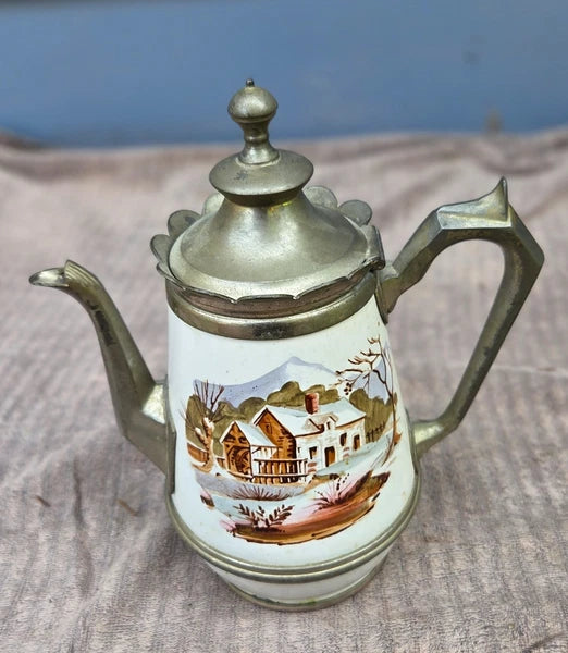 Vintage / Antique Victorian Hand Painted Enamel & Pewter Teapot