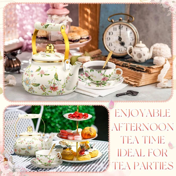 2.6 Quart Vintage Enamel Tea Kettle, Cups and Saucers Set with Spoon, Vintage...