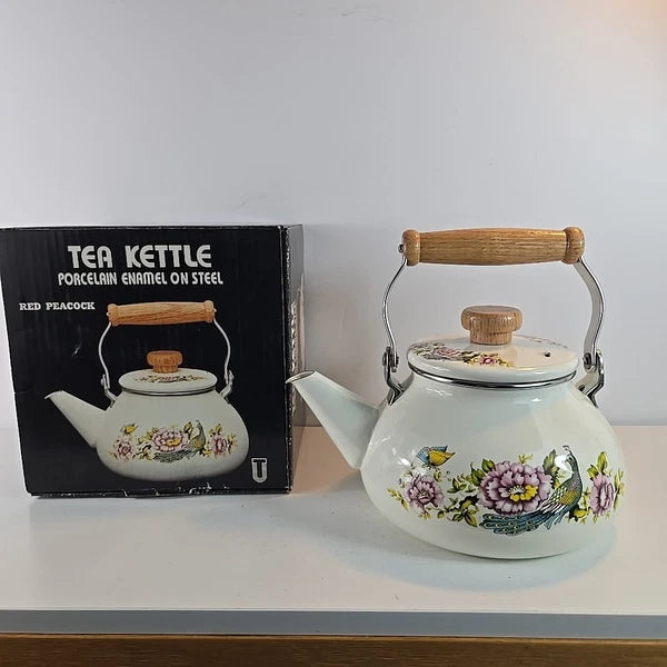 Vtg Tea Kettle Porcelain Enamel On Steal Red Peacock Wood Handle Taiwan W/ Box