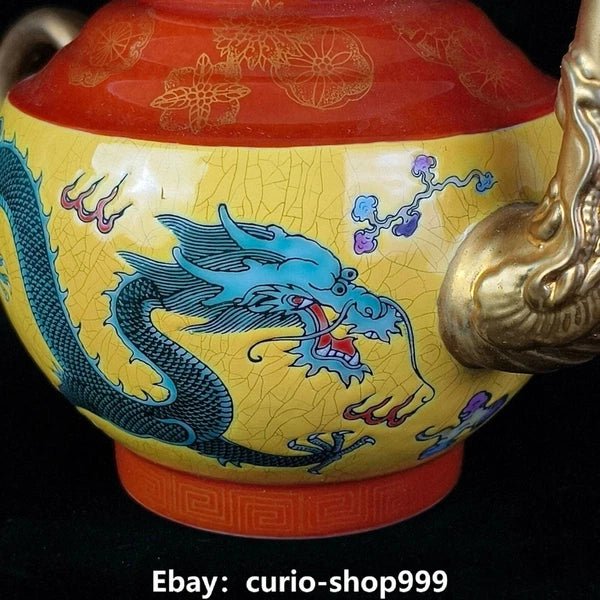 6.6" Yongzheng Enamel Colour Porcelain Gilt Dragon Phoenix Wine Tea Pot Flagon