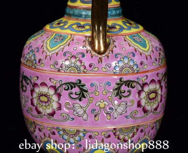 8" Yongzheng Marked Enamel Porcelain Gilt Flower Leaf Pattern Wine Tea Pot