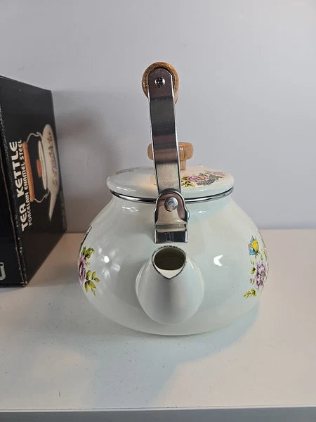 Vtg Tea Kettle Porcelain Enamel On Steal Red Peacock Wood Handle Taiwan W/ Box
