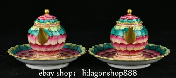 6.2" Qianlong Marked Enamel Porcelain Gilt Lotus Flower Pattern Teapot Plate Set