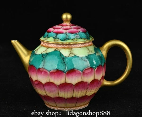 6.2" Qianlong Marked Enamel Porcelain Gilt Lotus Flower Pattern Teapot Plate Set