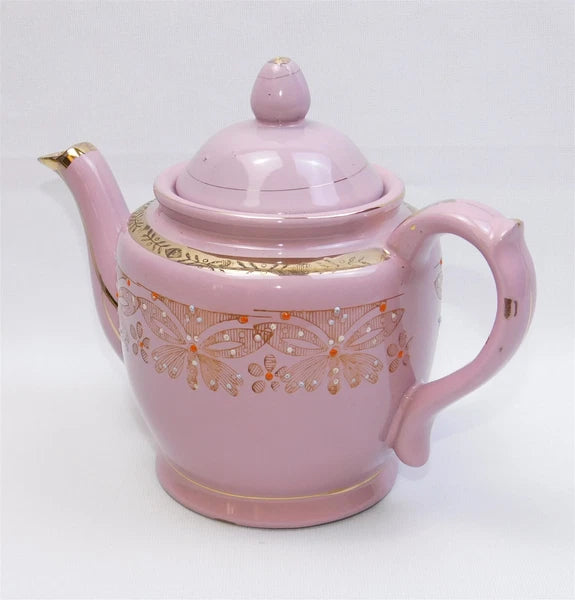 Vtg Pink Gold Glazed REDWARE Teapot Butterfly Enamel Moriage Hand Painted 7"