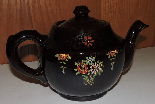 Vintage Large  Moriage Enamel Redware Ceramic Tea Pot- Hand Painted Japan