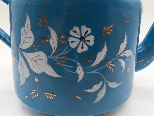 1930s Vintage Blue Enamel Teapot White Floral Rustic Shabby Chic No Lid ON18