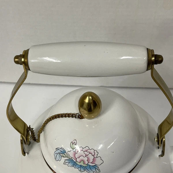 Vintage Tea Kettle Pot Enamel Porcelain Poppies National Housewares 1988 Brass