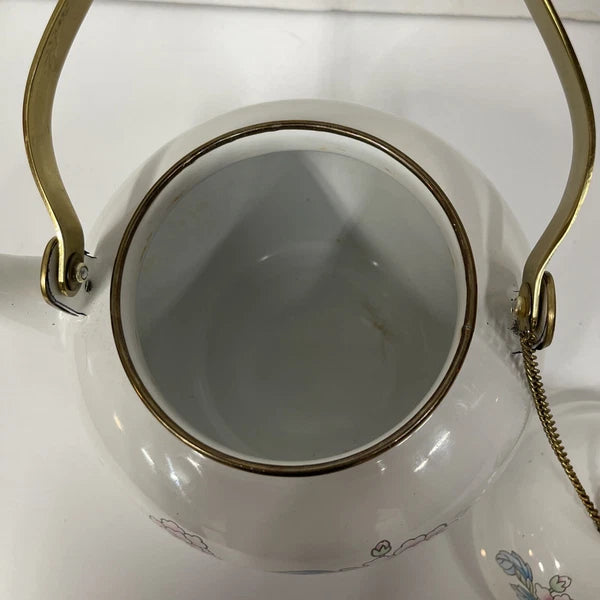 Vintage Tea Kettle Pot Enamel Porcelain Poppies National Housewares 1988 Brass