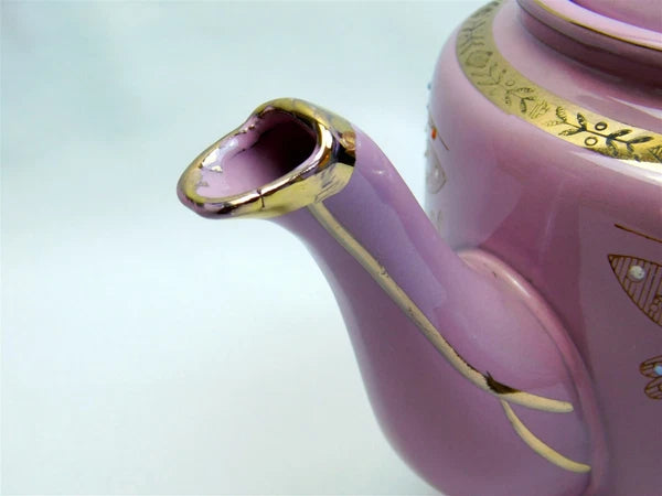 Vtg Pink Gold Glazed REDWARE Teapot Butterfly Enamel Moriage Hand Painted 7"
