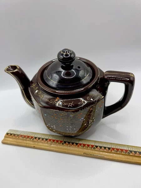 Vintage Brown Betty Redware Teapot Moriage Enamel Hand Painted Japan GUC MCM