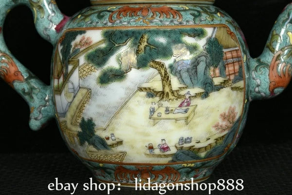 8.2" Qianlong Marked Enamel Porcelain landscape Tree Words Pattern Wine Tea Pot