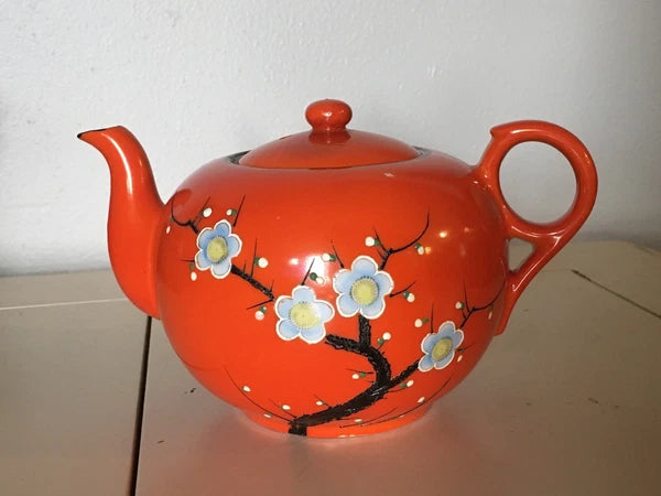 Vintage Bright Orange Enamel Floral Porcelain Japan Tea Pot Hand Painted