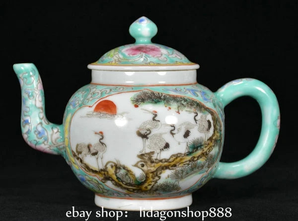 6.8" Jiagqing Marked Enamel Porcelain Pine Tree Crane Flower Pattern Wine Teapot