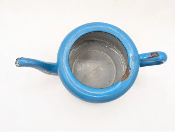 1930s Vintage Blue Enamel Teapot White Floral Rustic Shabby Chic No Lid ON18