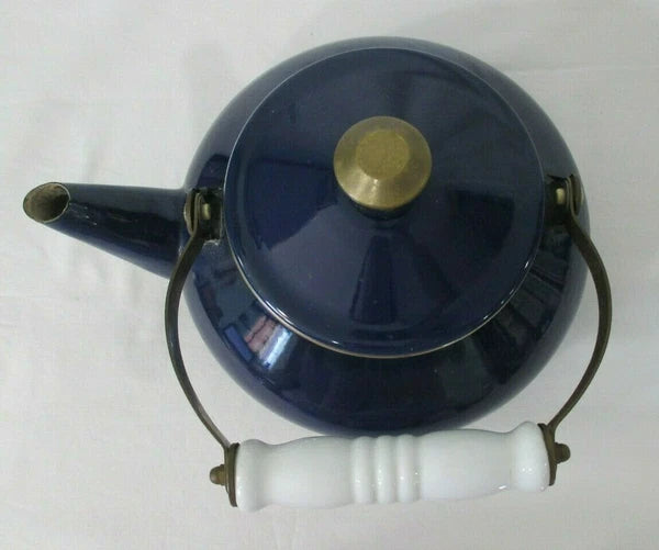 Cobalt Blue Enamel Brass White Porcelain Vintage Tea Kettle w/Lid GUC No Whistle