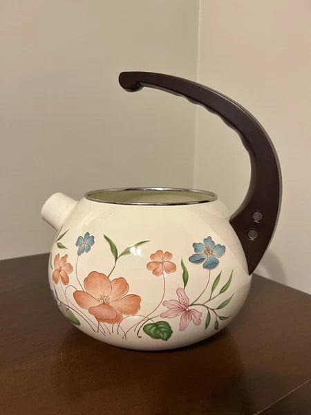 Vintage Enamelware Teapot Stovetop Whistling Kettle 2 Qt White Floral Tea Pot