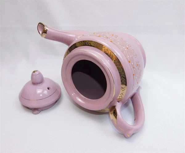 Vtg Pink Gold Glazed REDWARE Teapot Butterfly Enamel Moriage Hand Painted 7"