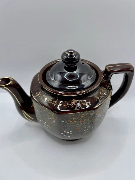 Vintage Brown Betty Redware Teapot Moriage Enamel Hand Painted Japan GUC MCM