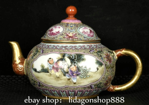 6.8"Qianlong Marked Enamel Porcelain Gilt Flower Human Child Pattern Wine Teapot