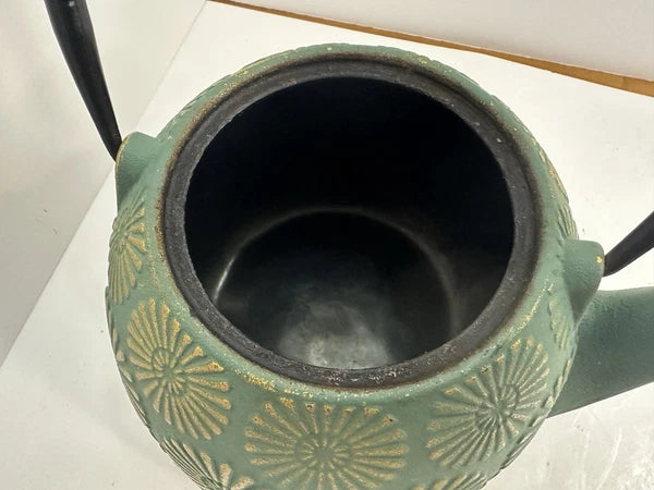 Cast Iron Tea Pot W/ Enamel Inside Copper & Green Finish