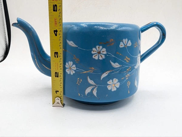 1930s Vintage Blue Enamel Teapot White Floral Rustic Shabby Chic No Lid ON18