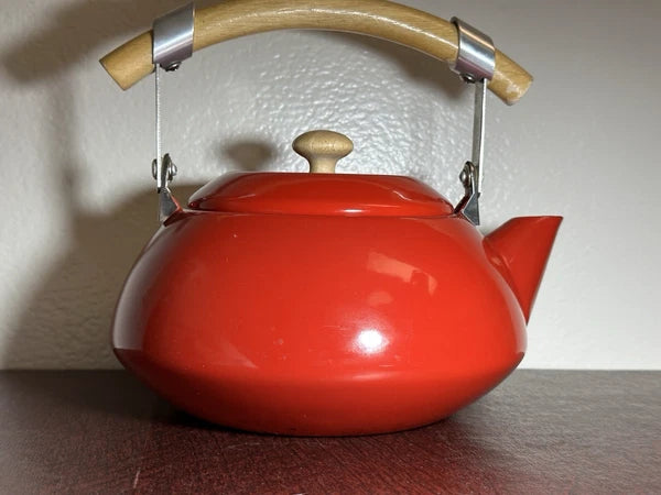 Vintage Mid Century Scandinavian Danish Red Enamel Tea Kettle Teapot Wood Handle