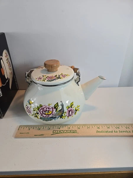 Vtg Tea Kettle Porcelain Enamel On Steal Red Peacock Wood Handle Taiwan W/ Box
