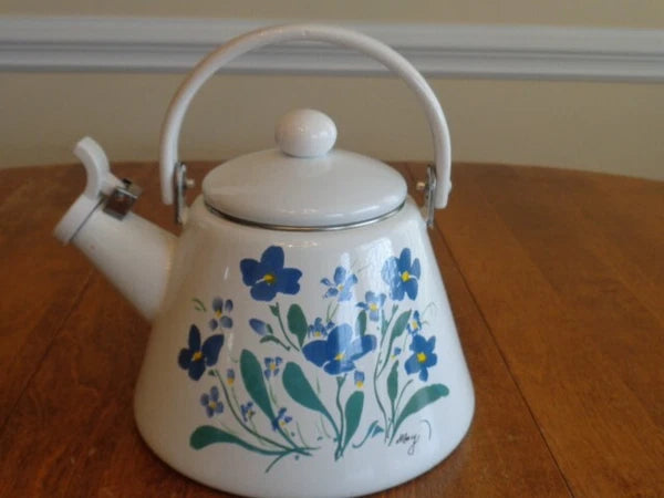 ENAMEL 2 ½ QUART WHISTLING TEA KETTLE FLOWERS SIGNED