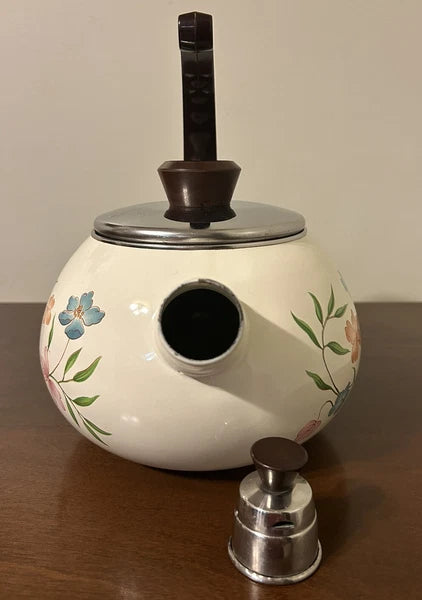 Vintage Enamelware Teapot Stovetop Whistling Kettle 2 Qt White Floral Tea Pot