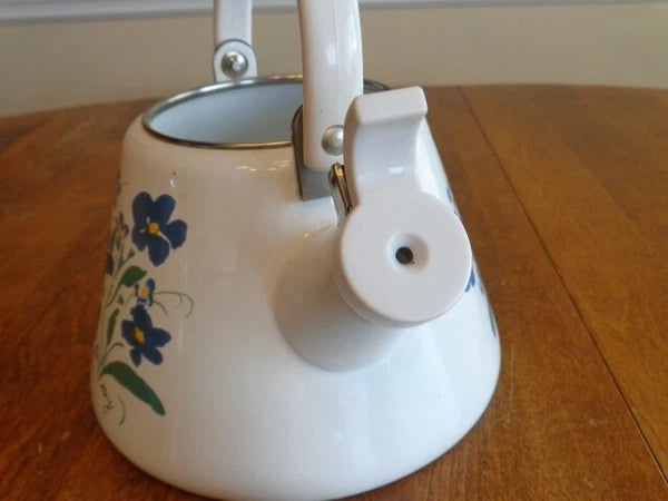 ENAMEL 2 ½ QUART WHISTLING TEA KETTLE FLOWERS SIGNED